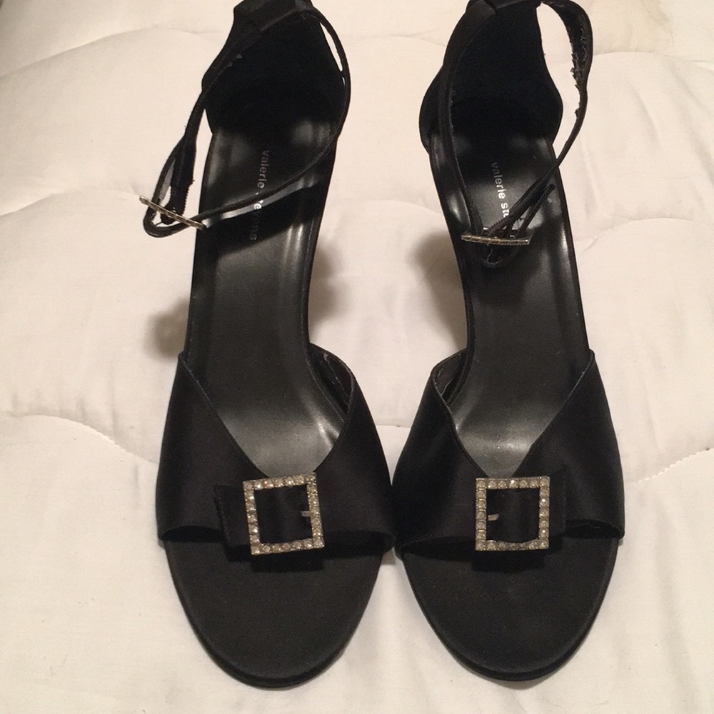 Black ankle strap heels with rhinestone buckles